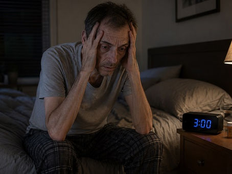 A very thin, physically frail man sits on the edge of an unmade bed in a dark bedroom during the early hours of the morning. His elbows rest on his knees while both hands grip the sides of his head, fingers buried in his hair. His eyes are wide open and fixed on the floor, conveying exhaustion, fear, and relentless racing thoughts. Prominent cheekbones, a gaunt face, and visible weight loss suggest serious illness. Beside him on a nightstand, a glowing digital alarm clock clearly reads 3:00 AM, emphasizing another sleepless night. Medication bottles and a glass of water sit nearby, while soft moonlight and a bedside lamp cast gentle shadows across the room. The image captures the restless, consuming anxiety that can accompany a life-limiting illness, when worries about death make it impossible to sleep or find peace.