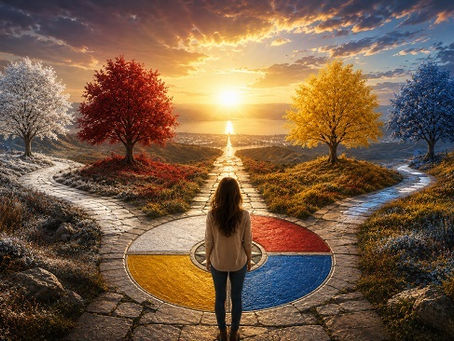 A person stands at the center of a circular stone pathway divided into four colors—white, red, yellow, and blue—facing a breathtaking landscape where four winding paths lead toward a bright horizon. Each path passes through a landscape marked by a tree representing one of the four Color Code personality types, symbolizing different motivations, strengths, and approaches to life. The image conveys self-discovery, personal growth, and the journey of understanding both yourself and others.