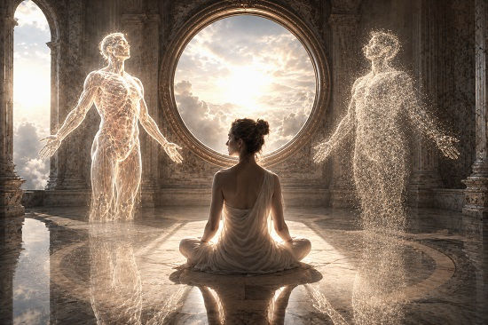 A contemplative figure sits in meditation within a sunlit marble temple, facing two luminous human forms—one revealing the intricate anatomy of the physical body and the other dissolving into shimmering particles of light. Framed by a radiant circular window opening onto the clouds, the scene visually explores the metaphysical question of whether the body is an enduring reality or a temporary appearance within awareness.