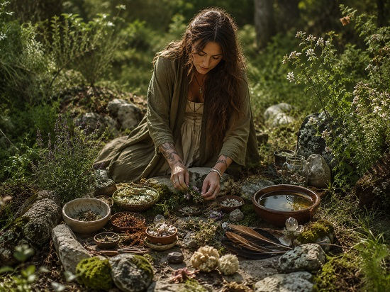 A woman kneels in a lush woodland clearing, carefully arranging flowers, herbs, stones, feathers, bowls, crystals, and water within a natural circle on the forest floor. Green plants, moss-covered rocks, and soft sunlight surround her, creating a quiet sense of relationship with the living landscape. The image symbolizes land spirits, plant allies, and the living world: honoring nature as animate, sacred, relational, and full of presence.