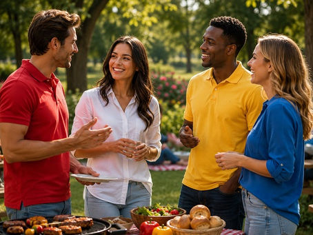Four friends wearing red, white, yellow, and blue shirts enjoy a relaxed backyard barbecue on a bright sunny day. Standing together beside a grill and picnic table filled with fresh food, they laugh, talk, and connect in an easygoing conversation. The scene symbolizes how different personality styles can come together, complement one another, and build meaningful relationships despite their differences.