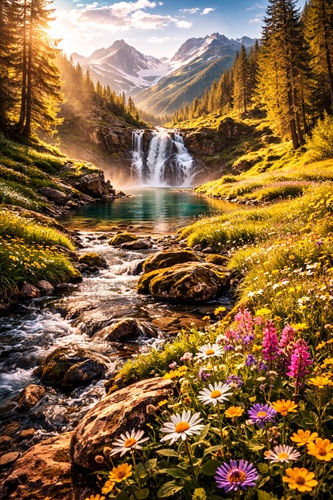 Sunlit alpine valley with a clear waterfall feeding a turquoise pool and flowing stream, surrounded by wildflower meadows, evergreen trees, and snow-capped mountains, symbolizing divine sustenance.