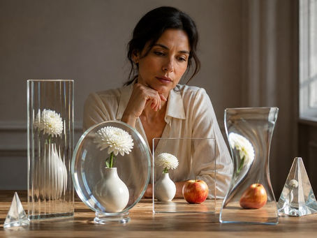 A woman sits thoughtfully at a wooden table, studying a white flower and apple seen through several clear lenses, prisms, and warped glass panels. Some views magnify, stretch, blur, or bend the objects, while other areas show them more plainly. The image symbolizes cognitive distortions in CBT: how thoughts can alter perception and make reality appear exaggerated, narrowed, or misread.