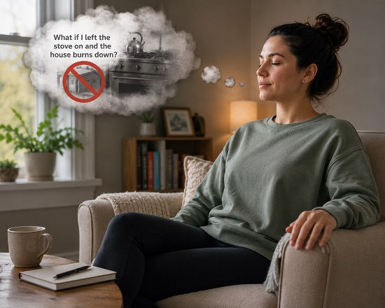 **Alt text:** A woman sits calmly in a comfortable armchair in a bright living room while an intrusive thought appears in a cloud-like thought bubble beside her. The imagined scenario involves worry about leaving the stove on and the possibility of a house fire, but instead of acting on the urge to check, she remains seated and continues with her day. The image illustrates response prevention in ERP—allowing anxious thoughts and uncertainty to be present without performing reassurance-seeking or checking behaviors.