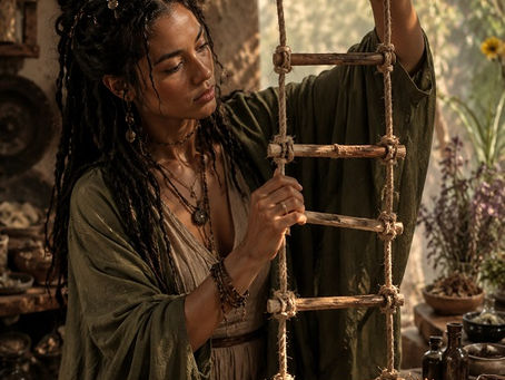 A witch stands in a warm herbal workspace holding a handcrafted Witchโs Ladder made from knotted natural rope and wooden rungs. Sunlight pours through the room, illuminating dried herbs, bowls, candles, and rustic ritual tools spread across a wooden table. The scene feels contemplative and traditional, highlighting the careful construction of a folk magic knot-working tool used in witchcraft practice.