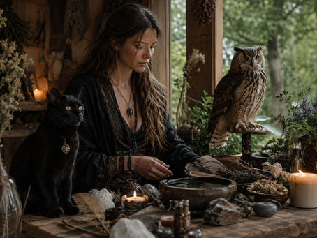 A woman sits at a rustic ritual table beside a black cat and an owl near an open window looking out into the forest. The table holds candles, feathers, herbs, stones, crystals, small bottles, and a bowl of water, creating an atmosphere of quiet attention and spiritual companionship. The image symbolizes familiars and spirit guides: relationships with animal allies, intuitive guidance, protection, and unseen support.