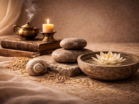 Serene still life with a stone bowl of water holding a white lotus flower, stacked smooth stones, a spiral shell, scattered grains, old books, a lit candle, and an incense burner releasing smoke, arranged in warm, gentle light.
