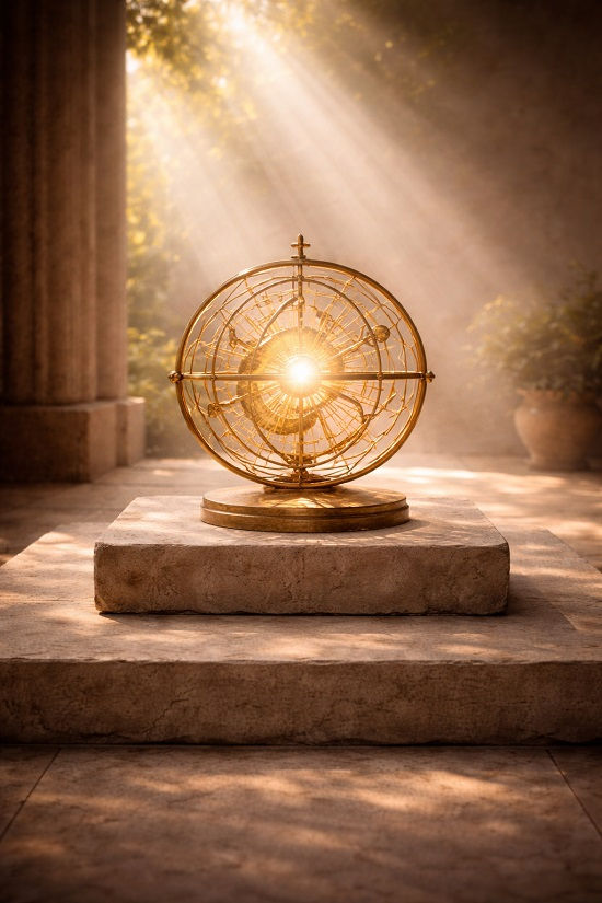 A sunlit brass orrery resting on a stone pedestal, symbolizing the ordered structure of reality, the relationship between the intelligible and sensible realms, and the living architecture of the cosmos described in Tractate X of the Corpus Hermeticum.