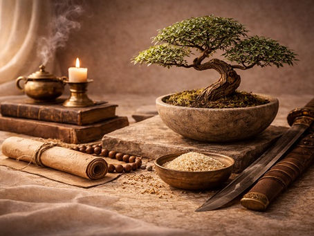 Still life with a small bonsai tree in a shallow bowl, a sheathed sword resting beside it, bowls of grain, old books, a rolled scroll, incense smoke, and a lit candle, arranged in warm, restrained light.
