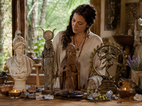 A woman stands at a richly arranged altar filled with statues representing several major deity traditions, including figures inspired by Greek, Egyptian, Norse, and Hindu pantheons. Candles, crystals, flowers, fruit, herbs, and ritual vessels are arranged around the statues in warm natural light. The image symbolizes the study of major pantheons and the many cultural ways people have understood, honored, and related to divine beings.