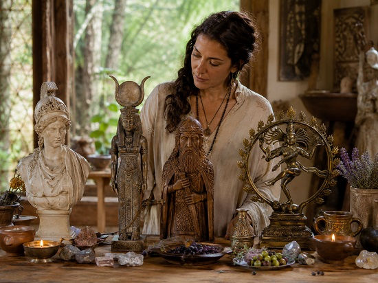A woman stands at a richly arranged altar filled with statues representing several major deity traditions, including figures inspired by Greek, Egyptian, Norse, and Hindu pantheons. Candles, crystals, flowers, fruit, herbs, and ritual vessels are arranged around the statues in warm natural light. The image symbolizes the study of major pantheons and the many cultural ways people have understood, honored, and related to divine beings.