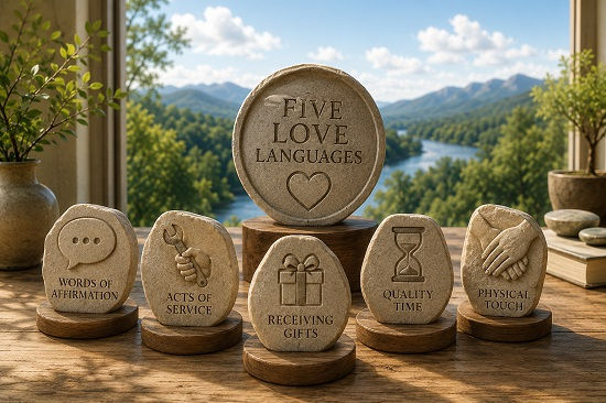 Stone markers engraved with the five love languages—Words of Affirmation, Acts of Service, Receiving Gifts, Quality Time, and Physical Touch—arranged on a wooden table beneath a larger stone labeled "Five Love Languages," with a peaceful river and mountain landscape visible through a sunlit window.
