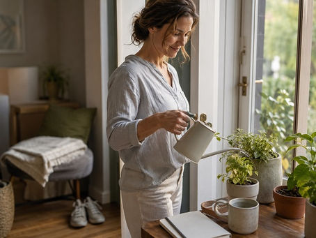 A woman stands by a bright window in a calm home interior, gently watering potted plants on a wooden table. A blank notebook, ceramic mug, walking shoes, and folded blanket nearby suggest a simple morning routine and a gradual return to purposeful activity. The image symbolizes behavioral activation in CBT: re-engaging with life through small, meaningful actions that support mood, structure, and momentum.