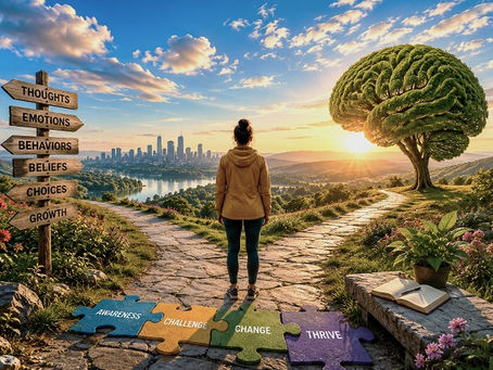 A woman stands at the center of a forked stone pathway overlooking a vibrant river valley and distant city skyline under brilliant daylight. Viewed from behind, she faces a landscape filled with symbolic elements representing the core ideas of Cognitive Behavioral Therapy. To one side stands a large tree shaped like a human brain, while a signpost points toward concepts such as thoughts, emotions, behaviors, beliefs, choices, and growth. At her feet, colorful puzzle pieces connect together along the path, symbolizing awareness, challenge, change, and personal development. The scene is bright, expansive, and hopeful, using visual metaphors to represent how CBT helps people understand the connections between thinking, feeling, and behavior in order to create meaningful change. Rich colors, detailed textures, and sweeping scenery create a bold, inspiring introduction to the overall CBT approach.