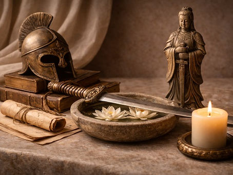 A symbolic still life featuring a sword resting across a stone bowl filled with water and floating lotus flowers, a bronze warrior helmet placed on stacked books, a serene standing figure, rolled parchment, and a lit candle. The scene is softly lit and conveys restraint, quiet strength, and calm authority.