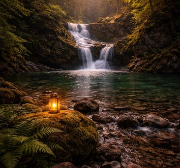 A secluded forest waterfall cascades gently into a clear emerald pool surrounded by moss-covered stones and lush green ferns. Tall evergreens rise protectively on all sides, their branches filtering soft golden light that streams through the canopy. Smooth rocks line the quiet stream in the foreground while mist drifts lightly above the water’s surface. The scene feels sheltered, serene, and quietly held, evoking a sense of protection, nearness, and steadfast guardianship.