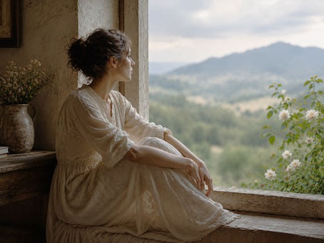 A woman in a flowing cream dress sits quietly in the window of a rustic stone room, gazing across a peaceful valley and distant mountains. Soft natural daylight fills the space, illuminating weathered wood, wildflowers, and timeless textures, creating a calm, reflective atmosphere.