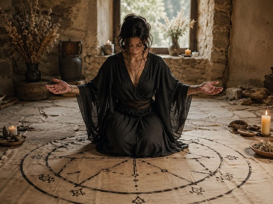 A witch in dark ritual clothing kneels at the center of a large hand-drawn circular sigil on a pale cloth inside a sunlit stone chamber. Her arms are extended outward with open palms, and subtle symbolic markings appear on her hands and forearms, suggesting that her body has become part of the sigil itself. Candles, herbs, dried flowers, and rustic ritual objects surround the space, creating a calm, reverent scene of embodied magical intention.