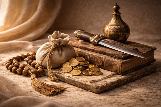 A symbolic still life on a stone surface featuring a small cloth pouch, scattered gold coins, wooden prayer beads with a tassel, a dagger resting on stacked old books, and a decorative vessel. The scene is softly lit and conveys wealth, temptation, and restrained power.
