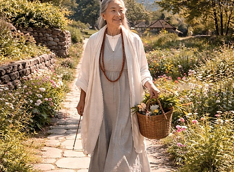 Elderly East Asian woman walking along a sunlit garden stone path carrying a wicker basket of flowers and herbs, with trees, wildflowers, and a snow-capped mountain in the background, conveying peaceful presence and grounded everyday embodiment