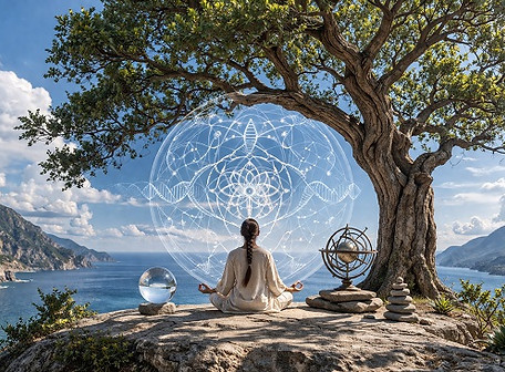 A serene outdoor scene in natural daylight: a person in simple, timeless robes sits in meditation on a rocky edge beside a calm lake, surrounded by mountains under a clear blue sky. Subtle, semi-transparent geometric patterns resembling neural or network structures form a soft halo behind the head, suggesting consciousness without visual excess. On either side, minimal symbolic elements—a precise geometric model and a natural spiral shell—quietly reference science and natural order. The composition is balanced, realistic, and contemplative, conveying the convergence of scientific inquiry, lived awareness, and nondual stillness.