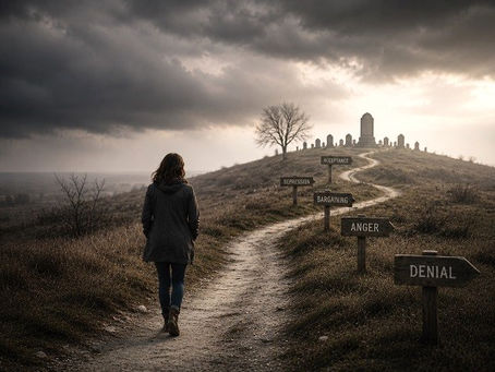 A solitary woman walks along a winding dirt path through a barren landscape beneath a dramatic sky filled with dark clouds and filtered sunlight. Along the path stand a series of weathered wooden signposts labeled Denial, Anger, Bargaining, Depression, and Acceptance, marking different stages of the emotional journey. The path gradually climbs a hill toward a distant cemetery, where numerous headstones and a prominent monument are clearly visible on the horizon. A leafless tree stands near the graveyard, adding to the contemplative atmosphere. The woman is seen from behind, continuing forward despite the uncertainty ahead. The image serves as a visual metaphor for the Five Stages of Dying, portraying death not as a single moment but as a journey through a range of emotional experiences.