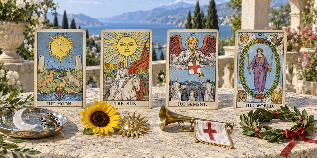 Four traditional tarot cards—The Moon, The Sun, Judgement, and The World—displayed on a sunlit stone terrace overlooking a blue lake and distant mountains, surrounded by symbolic objects including a crescent moon dish, sunflower, golden sun ornament, trumpet, and laurel wreath.