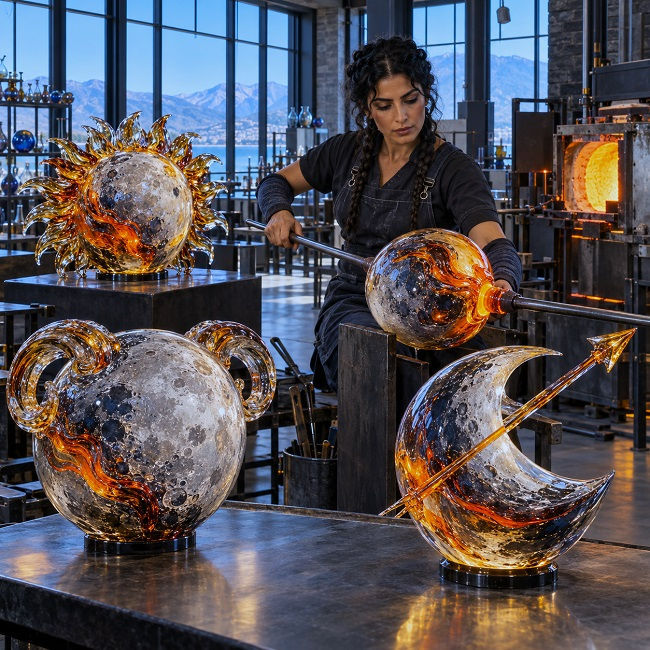 A glassblower shapes molten lunar sculptures inspired by a ram, a lion’s mane, and an arrow inside a bright indigo and charcoal studio.