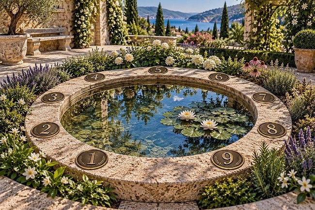 Circular stone pond surrounded by bronze medallions numbered one through nine, with water lilies and lush flowers in a sunlit Mediterranean garden overlooking the sea.