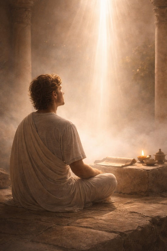 A contemplative figure seated in meditation within an ancient temple as a radiant beam of light descends from above, symbolizing the Divine Mind transmitting direct understanding to the seeker, inspired by Tractate VIII of the Corpus Hermeticum and explored through an Internal Family Systems (IFS) lens.