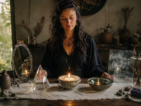 A witch stands at an altar in a dim, natural-lit ritual room, surrounded by symbolic objects representing different ways of understanding the divine. A mirror, prism, candle flame, bowl of water, drifting smoke, dried herbs, and crystals are arranged across the table, suggesting multiple modes of spiritual perception and relationship. The image symbolizes four ways witches may understand the divine: through reflection, nature, mystery, personal experience, and sacred presence.