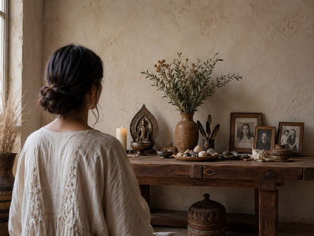 A woman is seen from behind, seated quietly before a rustic altar in warm natural light. The altar holds a candle, herbs, stones, shells, feathers, a small sacred statue, and framed ancestral photographs, creating a calm space for reflection and reverence. The image symbolizes an orientation to unseen companions: deities, ancestors, spirit allies, and the broader spiritual relationships that may be honored through presence, attention, and respect.