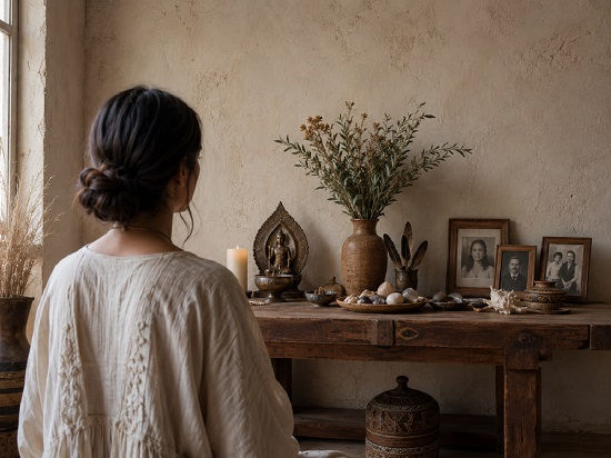 A woman is seen from behind, seated quietly before a rustic altar in warm natural light. The altar holds a candle, herbs, stones, shells, feathers, a small sacred statue, and framed ancestral photographs, creating a calm space for reflection and reverence. The image symbolizes an orientation to unseen companions: deities, ancestors, spirit allies, and the broader spiritual relationships that may be honored through presence, attention, and respect.
