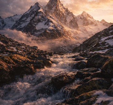 Towering snow-capped peaks rise above a rushing mountain stream, sunlight striking the rugged heights while clouds gather around their summits, evoking absolute power, dominion, and unshakable authority.