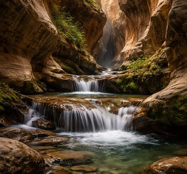 Sunlit slot canyon with layered sandstone walls and a clear cascading stream flowing over smooth rocks into shallow pools, illuminated by soft natural daylight, symbolizing divine wisdom.