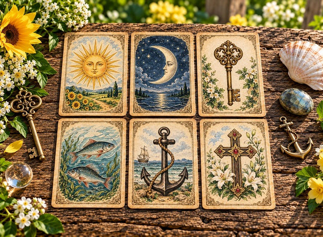 Six antique-style Lenormand cards showing the sun, moon, key, fish, anchor, and cross are arranged on a rustic wooden table with flowers, shells, stones, and brass charms.