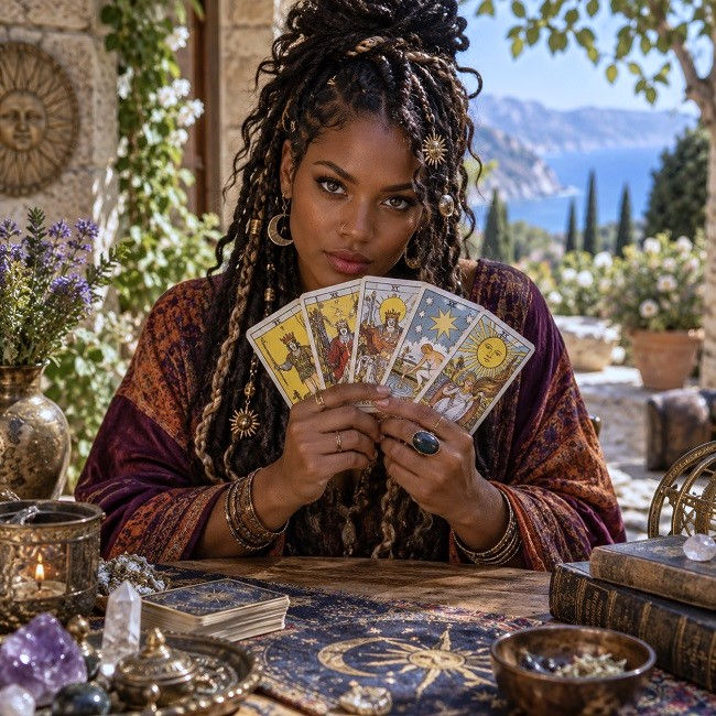 A Black woman with intricately braided and decorated hair holds a fan of Major Arcana tarot cards while seated at a sunlit Mediterranean terrace table surrounded by crystals, candles, antique books, and celestial objects, with mountains and blue sea in the distance.