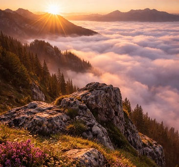 Golden sunrise above a vast sea of clouds viewed from a rocky mountain summit, with alpine flowers and evergreen slopes below, bright untouched nature landscape representing divine elevation and lifting high.