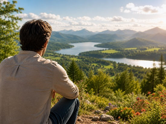 A man sits quietly on a mountain overlook with his back to the viewer, gazing across a sweeping landscape of rolling green hills, a winding lake, colorful wildflowers, and distant mountain peaks beneath a bright blue sky. The peaceful scene conveys reflection, curiosity, and the thoughtful perspective of someone observing and studying human behavior in the natural world.