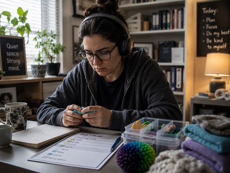 An autistic adult sits at a desk in a quiet home workspace wearing headphones and holding a fidget tool, with a planner and organized surroundings that reflect sensory accommodations, routine, and focused attention often associated with Autism Spectrum Disorder (ASD)