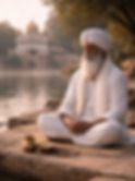 Alt text:
An elderly Sikh man dressed in white sits cross-legged on a stone riverbank, eyes closed in quiet meditation beside gently flowing water. A small brass vessel, a bowl, and prayer beads rest on a woven mat before him. Across the river, a historic gurdwara with a golden dome rises softly through morning mist, framed by trees and warm natural light, creating a calm, contemplative atmosphere of solitude, humility, and devotion