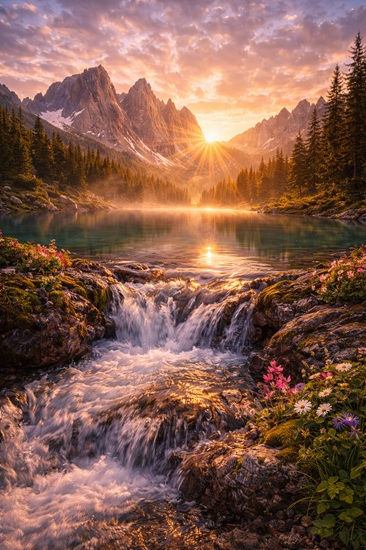 A vibrant mountain stream rushes into a clear alpine lake beneath sunrise-lit peaks, wildflowers and evergreen forests surrounding the flowing water, evoking living vitality, renewal, and the ever-present source of life.