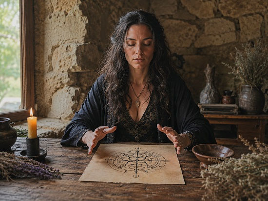 A witch in dark ritual clothing sits at a rustic wooden table inside a sunlit stone room, eyes closed in deep concentration. Her hands hover over an aged parchment marked with a circular sigil, suggesting she is charging it with focused intention. A beeswax candle, dried herbs, ceramic bowls, and old-world ritual objects surround the scene, creating a calm image of gnosis and sigil charging before activation.