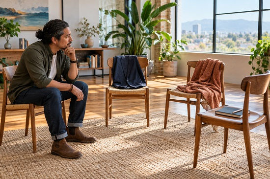 A man sits thoughtfully in a bright studio facing several empty chairs, each holding a different object such as a blazer, blanket, or notebook to represent different inner self-states.