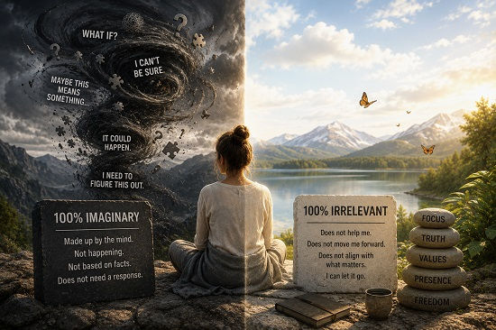 A woman sits between two contrasting worlds overlooking a mountain lake. On one side, a dark tornado of “what if” thoughts and imagined dangers represents obsessive mental stories labeled “100% Imaginary.” On the other, a bright, peaceful landscape labeled “100% Irrelevant” is accompanied by stacked stones reading “Focus,” “Truth,” “Values,” “Presence,” and “Freedom,” illustrating the I-CBT shift away from engaging with imagined fears and back toward real life.