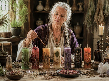 An elderly silver-haired candle worker prepares a series of intention candles in a rustic apothecary filled with dried herbs, oils, crystals, and botanical materials. Each colored candle is dressed differently with herbs, resins, flowers, and symbolic ingredients to represent specific magical workings such as protection, love, healing, prosperity, or banishing. Soft daylight pours through leaded windows, highlighting the rich textures of wax, wood, linen, and stone in a calm sacred ritual atmosphere. 