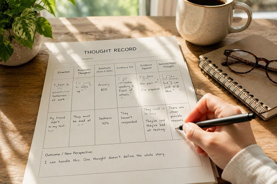 Bright editorial-style photograph of a CBT thought record worksheet resting on a sunlit wooden desk while a person writes in the final column with a pen. The structured page includes sections for situations, automatic thoughts, emotions, evidence, and balanced thoughts, surrounded by warm natural textures, a ceramic coffee mug, glasses, a notebook, and leafy plants. Soft daylight and calm composition create a reflective atmosphere centered on examining and restructuring thought patterns in Cognitive Behavioral Therapy.