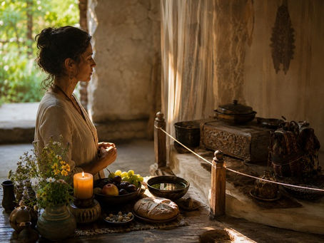 A woman stands quietly in a warm, sunlit ritual space, holding her hands near her chest while facing a roped-off altar area. Offerings of flowers, fruit, bread, water, and candlelight rest on the accessible side, while sacred objects sit beyond the boundary line. The image symbolizes cultural responsibility in deity work: recognizing that some practices are open, some are closed, and respectful spiritual engagement requires boundaries, humility, and care.