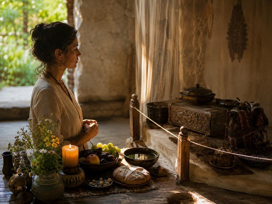 A woman stands quietly in a warm, sunlit ritual space, holding her hands near her chest while facing a roped-off altar area. Offerings of flowers, fruit, bread, water, and candlelight rest on the accessible side, while sacred objects sit beyond the boundary line. The image symbolizes cultural responsibility in deity work: recognizing that some practices are open, some are closed, and respectful spiritual engagement requires boundaries, humility, and care.