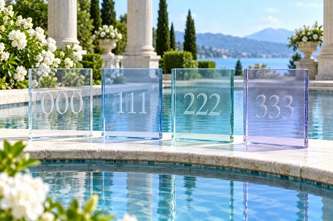Four translucent glass panels etched with 000, 111, 222, and 333 stand beside a sunlit reflecting pool in an elegant white-stone garden.